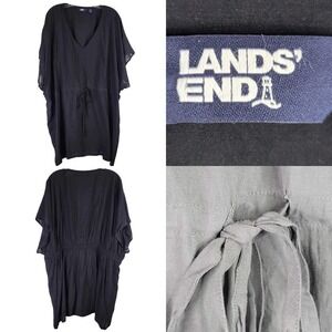 Lands End Swim Coverup Women's XL Black Short Sleeve Tie Cinch Waist Modal